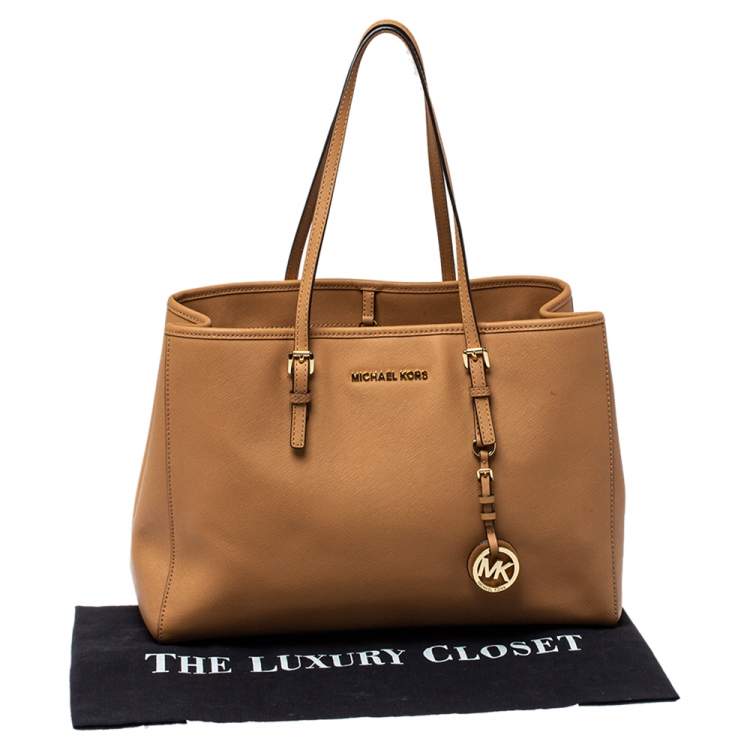 Pre Owned MICHAEL Michael Kors Tan Leather Jet Set Travel Tote 