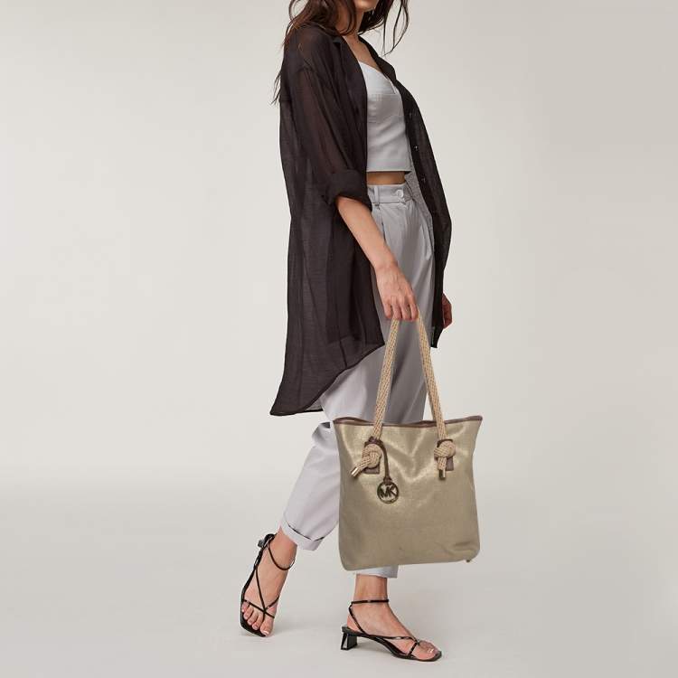 Pre Owned MICHAEL Michael Kors Gold/Beige Shimmer Canvas Knotted Handle Tote