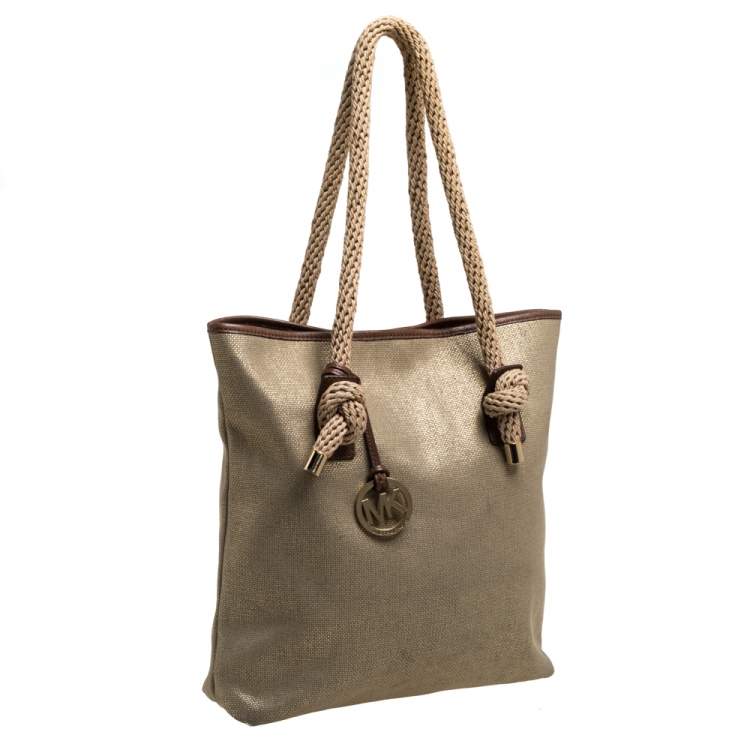 Pre Owned MICHAEL Michael Kors Gold/Beige Shimmer Canvas Knotted Handle Tote