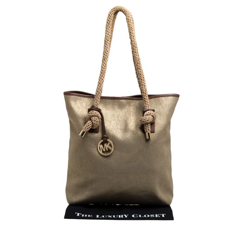 Pre Owned MICHAEL Michael Kors Gold/Beige Shimmer Canvas Knotted Handle Tote