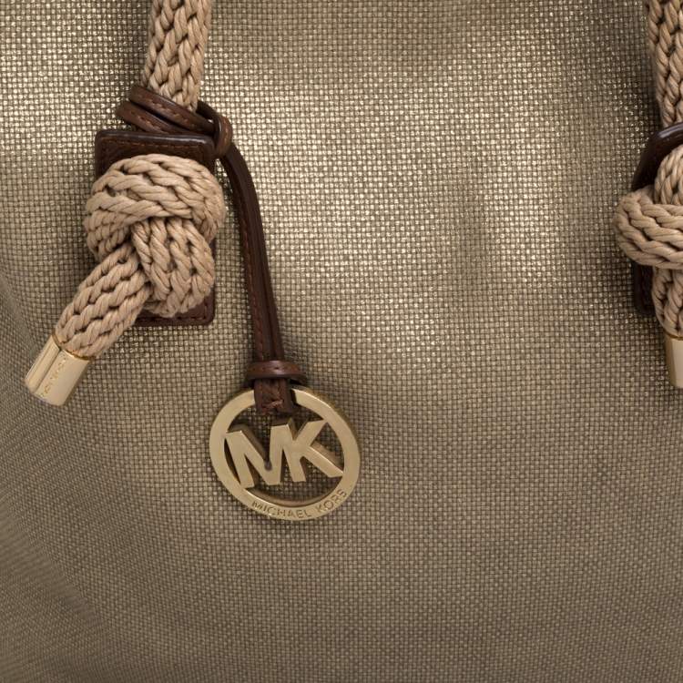 Pre Owned MICHAEL Michael Kors Gold/Beige Shimmer Canvas Knotted Handle Tote