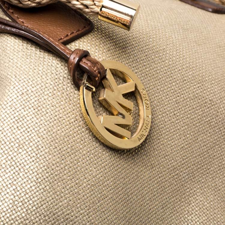 Pre Owned MICHAEL Michael Kors Gold/Beige Shimmer Canvas Knotted Handle Tote