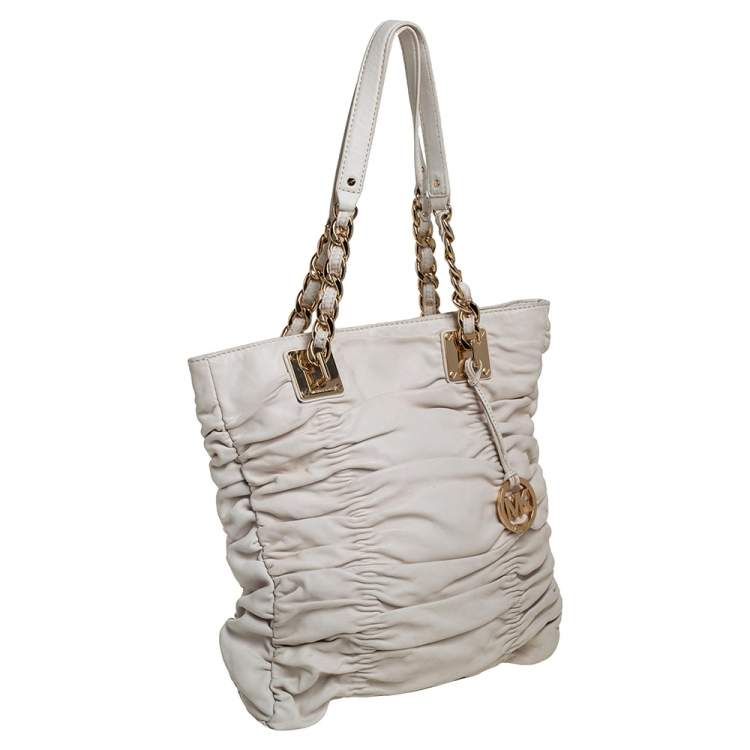 Pre Owned MICHAEL Michael Kors White Pleated Leather Chain Tote