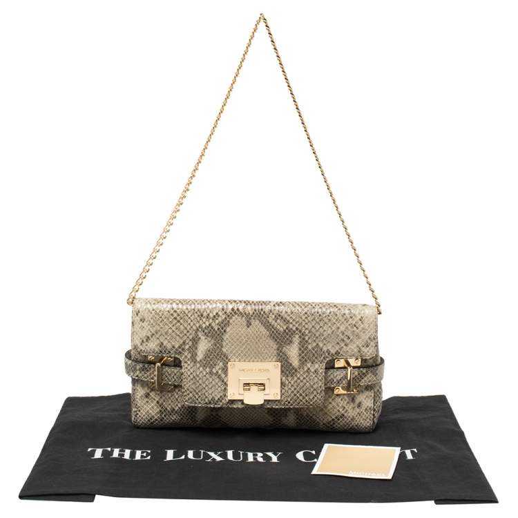 Pre Owned Michael Kors Beige Snake Embossed Leather Chain Clutch