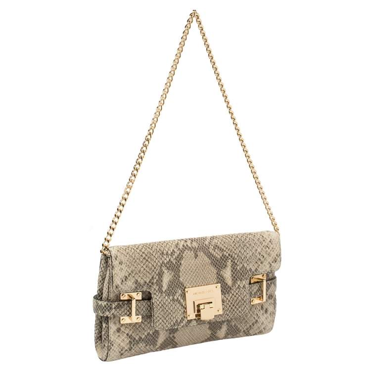 Pre Owned Michael Kors Beige Snake Embossed Leather Chain Clutch