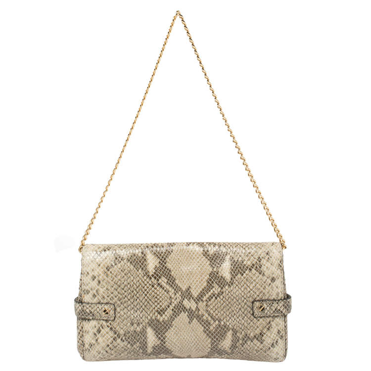 Pre Owned Michael Kors Beige Snake Embossed Leather Chain Clutch