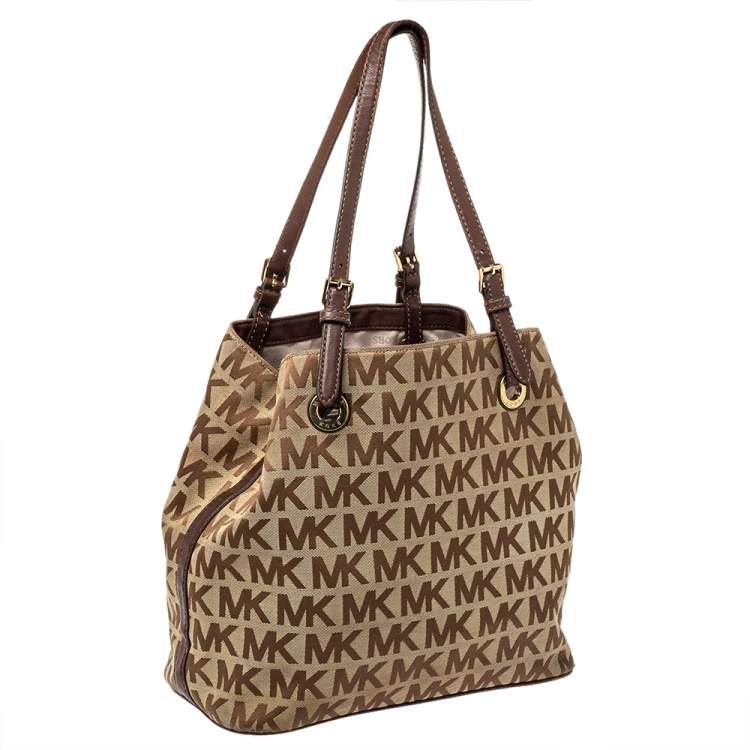 Pre Owned MICHAEL Michael Kors Beige/Brown Signature Canvas and Leather Jet Set Tote