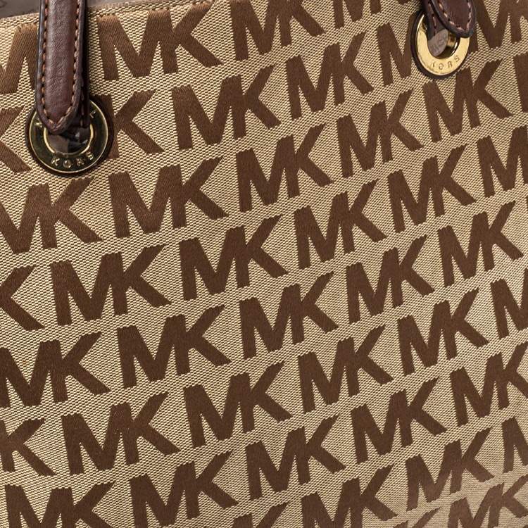 Pre Owned MICHAEL Michael Kors Beige/Brown Signature Canvas and Leather Jet Set Tote