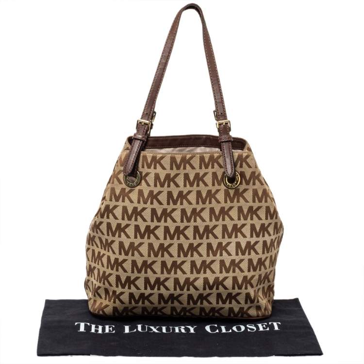 Pre Owned MICHAEL Michael Kors Beige/Brown Signature Canvas and Leather Jet Set Tote