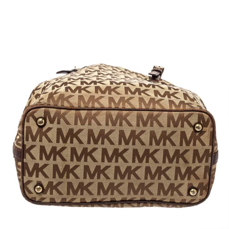 Pre Owned MICHAEL Michael Kors Beige/Brown Signature Canvas and Leather Jet Set Tote