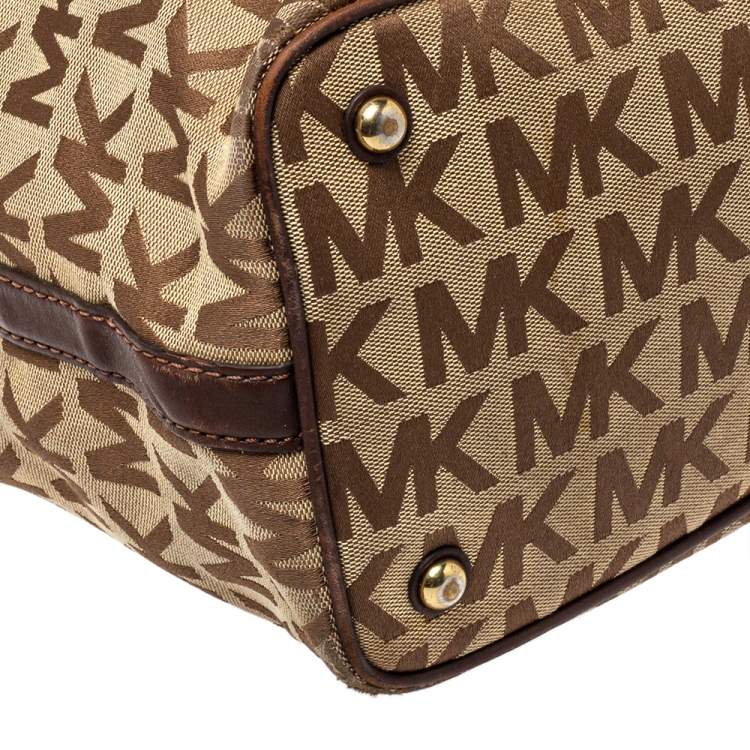 Pre Owned MICHAEL Michael Kors Beige/Brown Signature Canvas and Leather Jet Set Tote