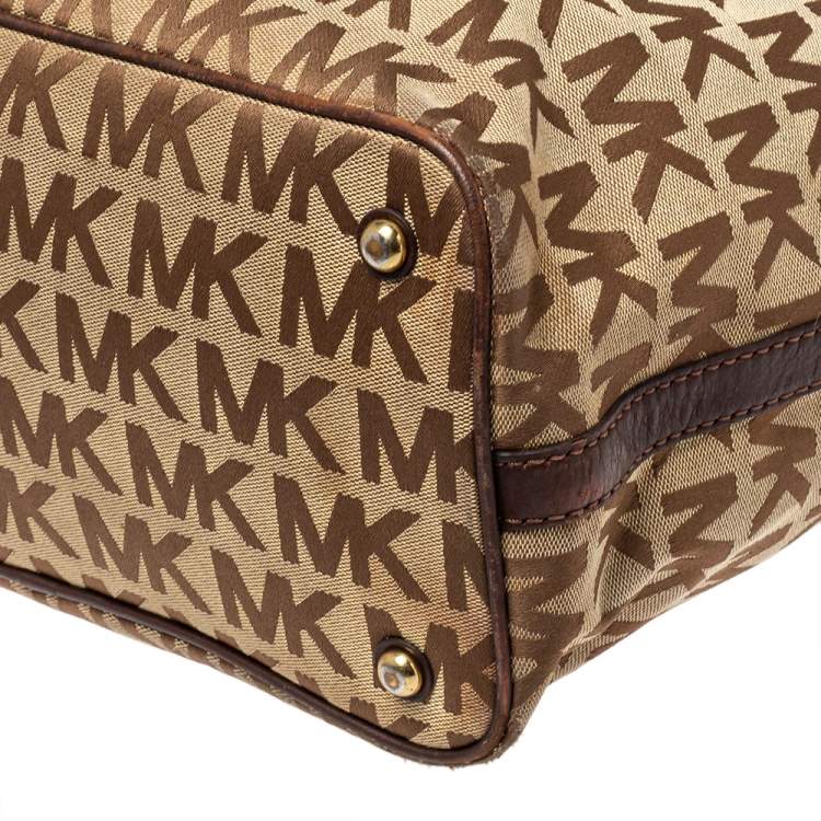 Pre Owned MICHAEL Michael Kors Beige/Brown Signature Canvas and Leather Jet Set Tote