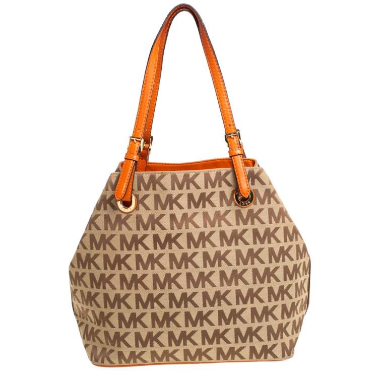 Pre Owned MICHAEL Michael Kors Beige/Orange Signature Canvas and Leather Tote