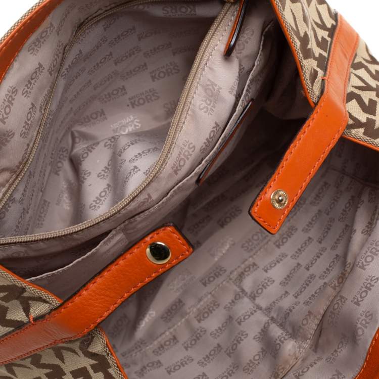 Pre Owned MICHAEL Michael Kors Beige/Orange Signature Canvas and Leather Tote