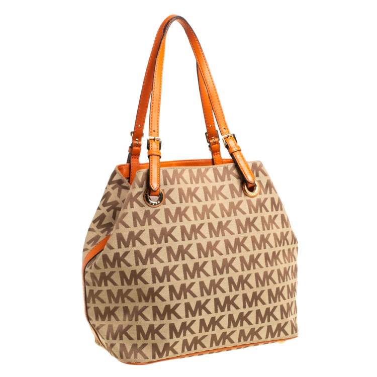 Pre Owned MICHAEL Michael Kors Beige/Orange Signature Canvas and Leather Tote