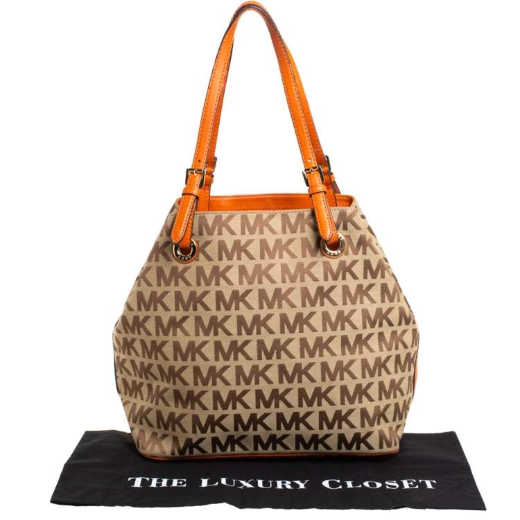 Pre Owned MICHAEL Michael Kors Beige/Orange Signature Canvas and Leather Tote