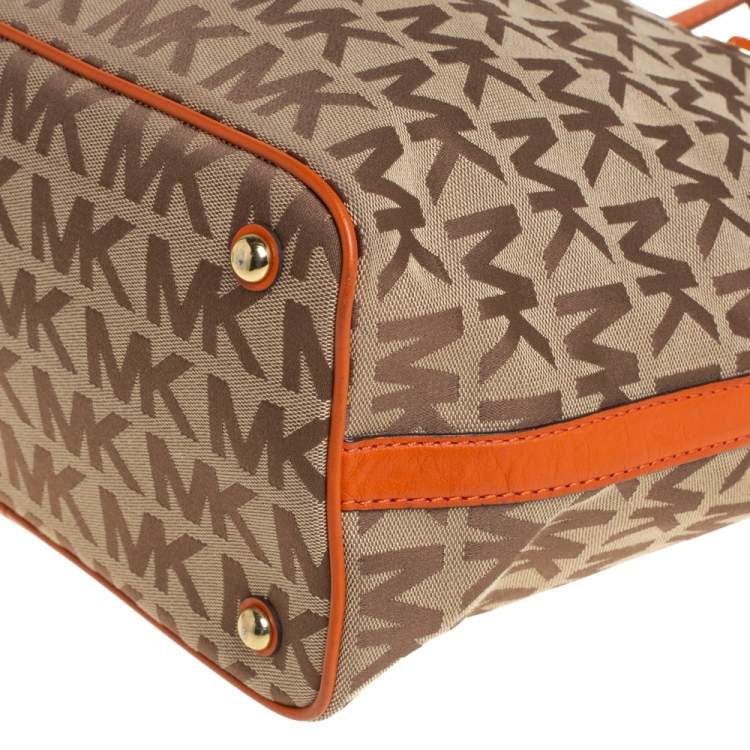 Pre Owned MICHAEL Michael Kors Beige/Orange Signature Canvas and Leather Tote