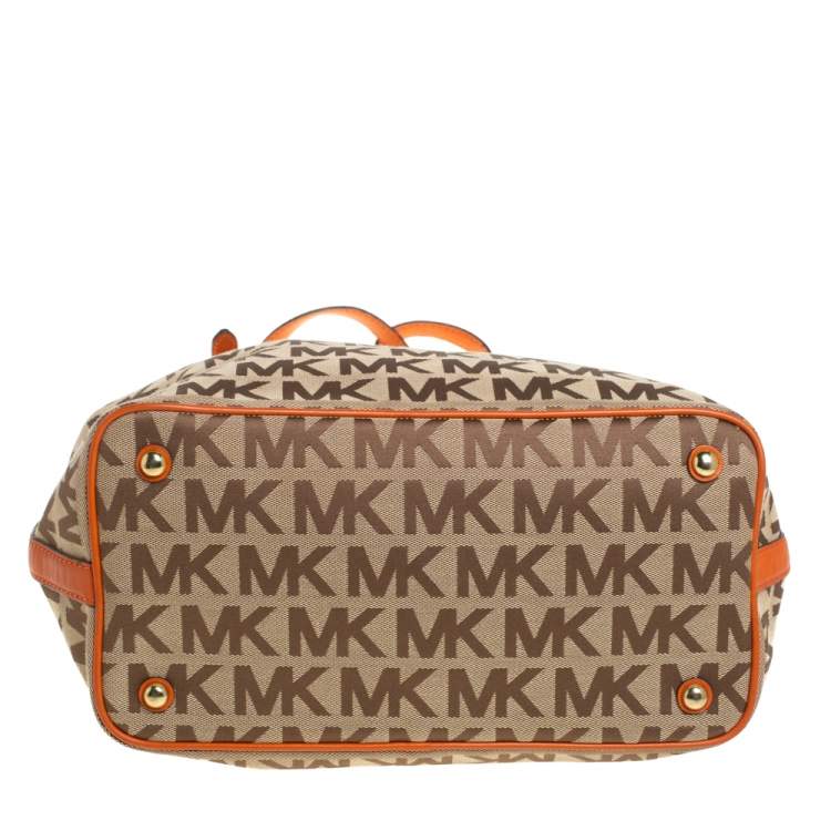 Pre Owned MICHAEL Michael Kors Beige/Orange Signature Canvas and Leather Tote