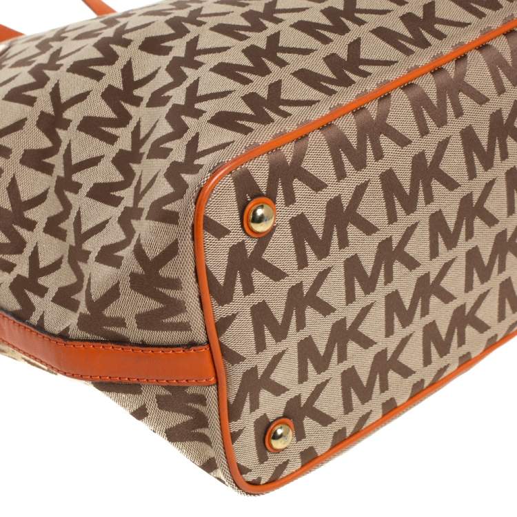 Pre Owned MICHAEL Michael Kors Beige/Orange Signature Canvas and Leather Tote