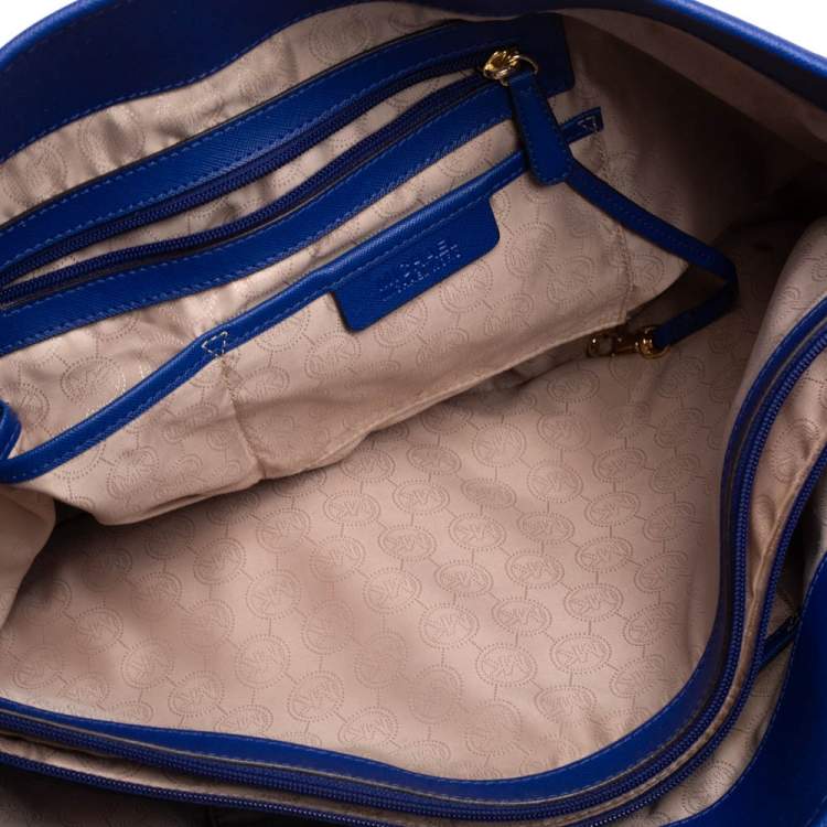 Pre Owned MICHAEL Michael Kors Blue Saffiano Leather Large Jet Set Middle Zip Shopper Tote