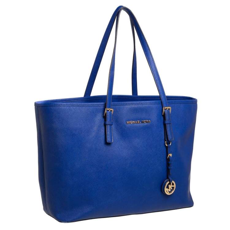 Pre Owned MICHAEL Michael Kors Blue Saffiano Leather Large Jet Set Middle Zip Shopper Tote