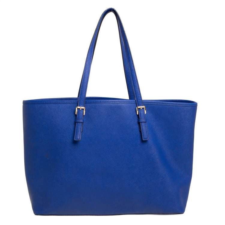 Pre Owned MICHAEL Michael Kors Blue Saffiano Leather Large Jet Set Middle Zip Shopper Tote