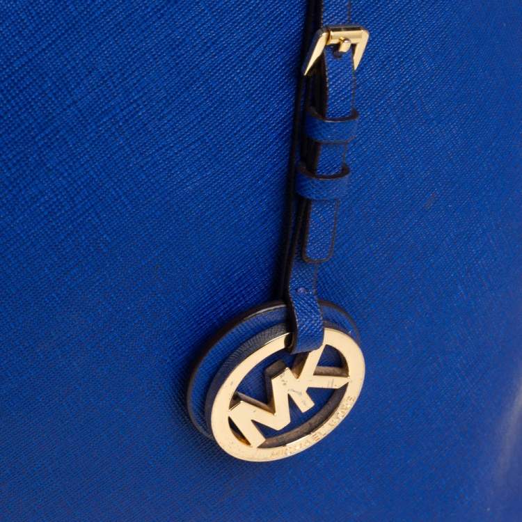 Pre Owned MICHAEL Michael Kors Blue Saffiano Leather Large Jet Set Middle Zip Shopper Tote