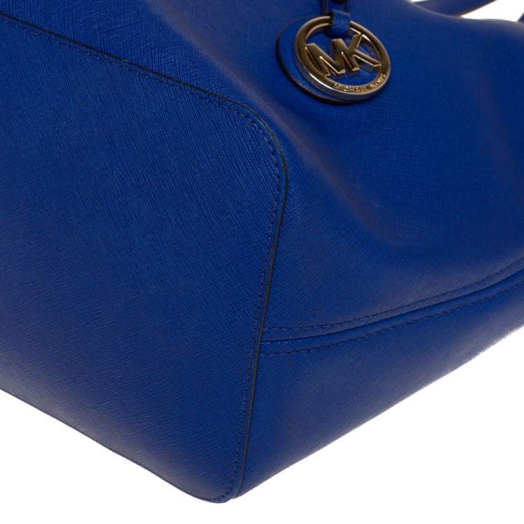 Pre Owned MICHAEL Michael Kors Blue Saffiano Leather Large Jet Set Middle Zip Shopper Tote