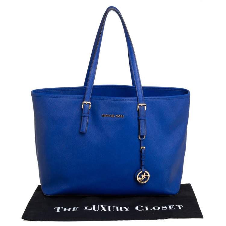 Pre Owned MICHAEL Michael Kors Blue Saffiano Leather Large Jet Set Middle Zip Shopper Tote