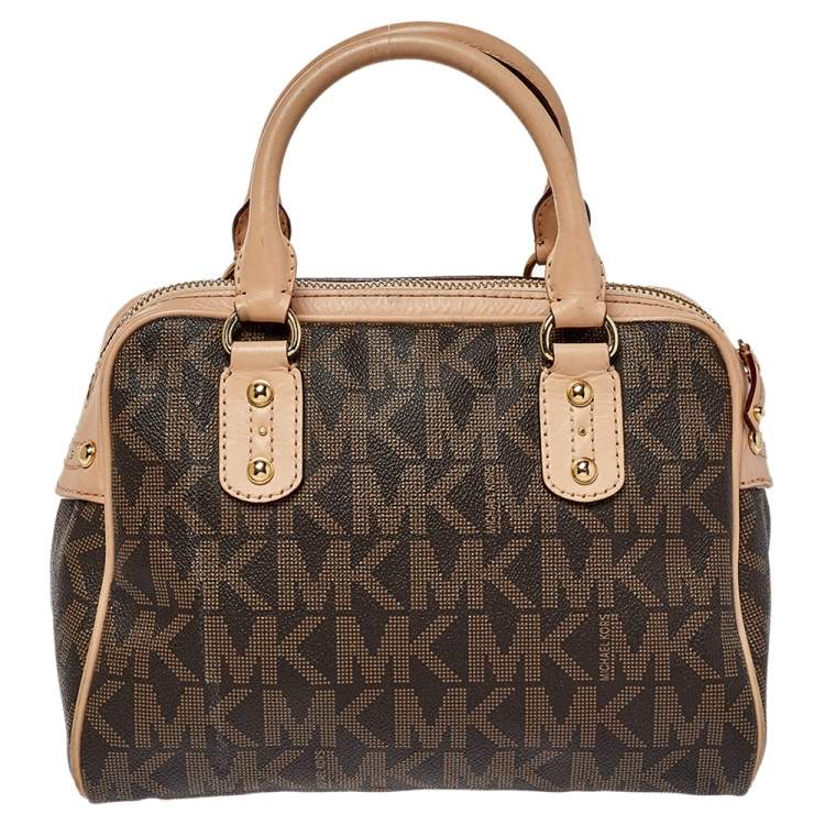 Pre Owned MICHAEL Michael Kors Brown/Pink Signature Coated Canvas and Leather Satchel