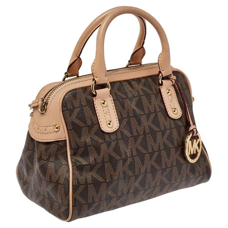 Pre Owned MICHAEL Michael Kors Brown/Pink Signature Coated Canvas and Leather Satchel