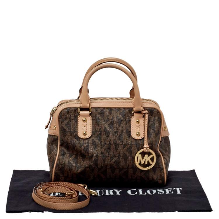 Pre Owned MICHAEL Michael Kors Brown/Pink Signature Coated Canvas and Leather Satchel