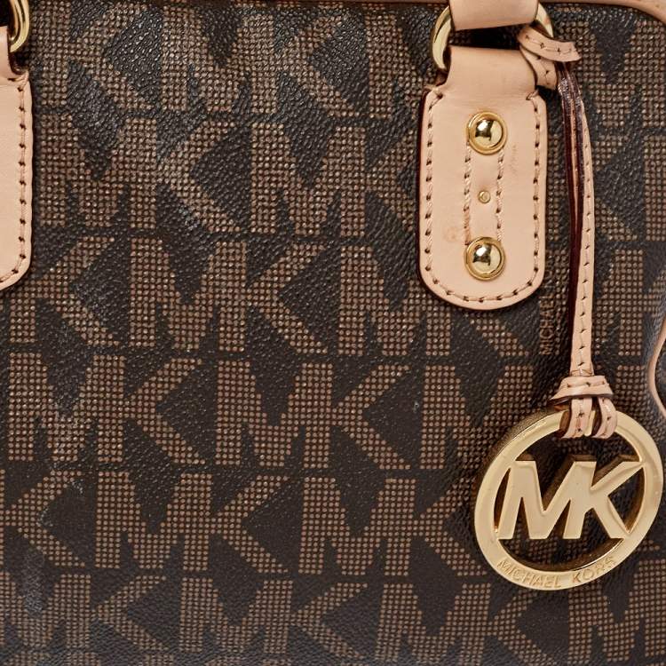 Pre Owned MICHAEL Michael Kors Brown/Pink Signature Coated Canvas and Leather Satchel