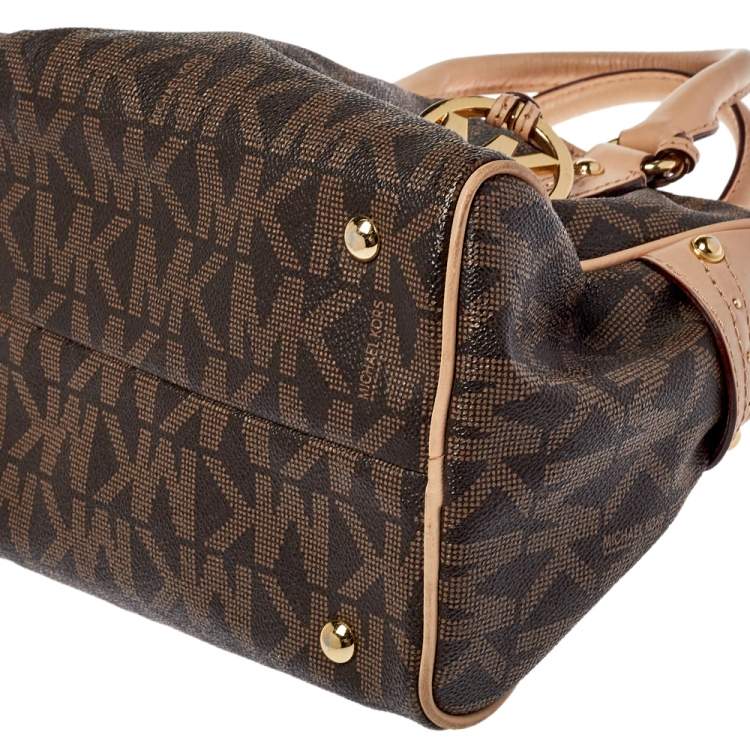 Pre Owned MICHAEL Michael Kors Brown/Pink Signature Coated Canvas and Leather Satchel