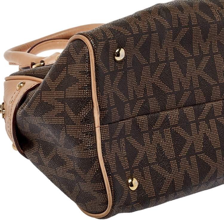 Pre Owned MICHAEL Michael Kors Brown/Pink Signature Coated Canvas and Leather Satchel