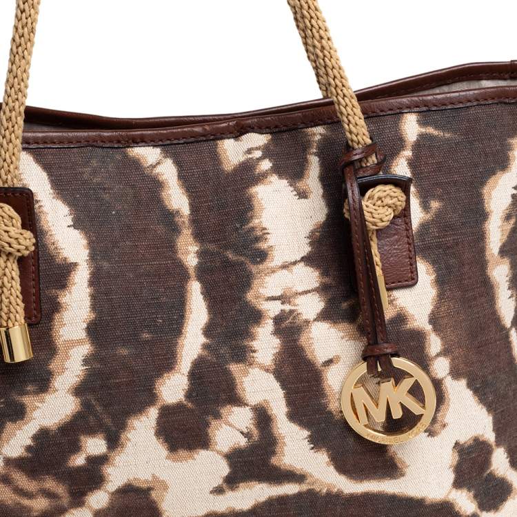Pre Owned MICHAEL Michael Kors Brown/Beige Printed Canvas Rope Handle Tote