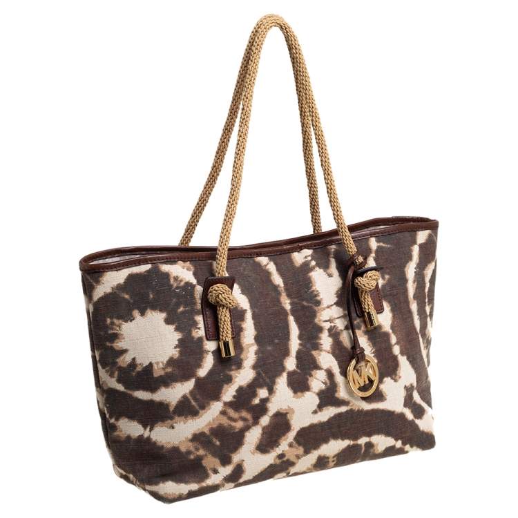 Pre Owned MICHAEL Michael Kors Brown/Beige Printed Canvas Rope Handle Tote