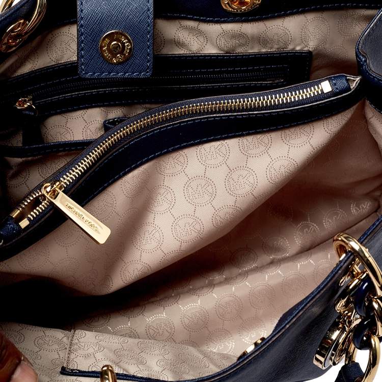 Pre Owned MICHAEL Michael Kors Navy Blue Leather Large Cynthia Tote