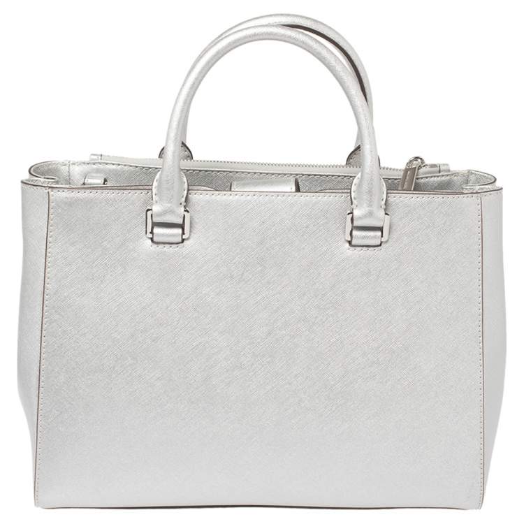 Pre Owned MICHAEL Michael Kors Metallic Silver Leather Medium Kellen Satchel