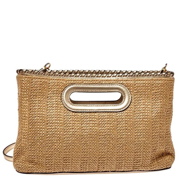 Pre Owned MICHAEL Michael Kors Beige/Gold Raffia and Leather Rosalie Clutch Bag