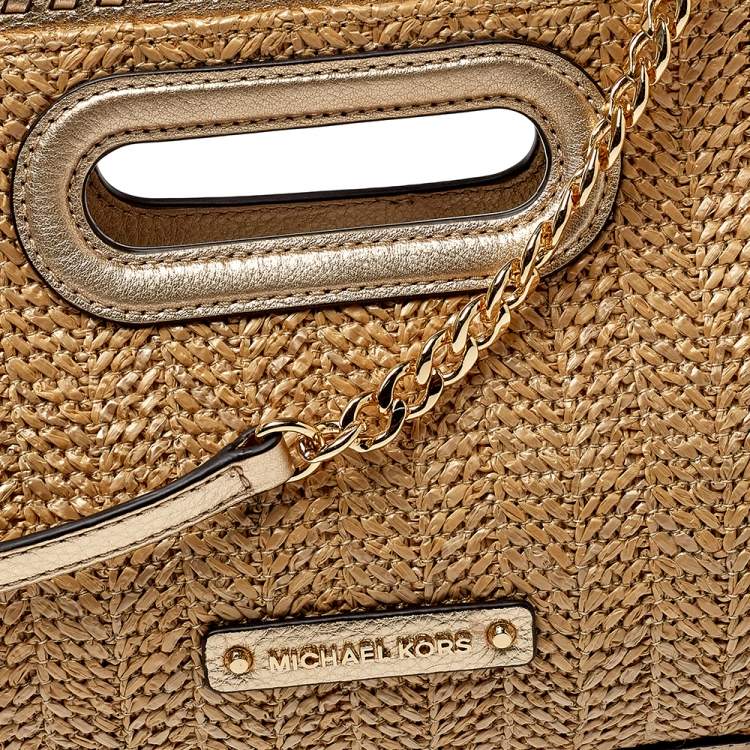 Pre Owned MICHAEL Michael Kors Beige/Gold Raffia and Leather Rosalie Clutch Bag