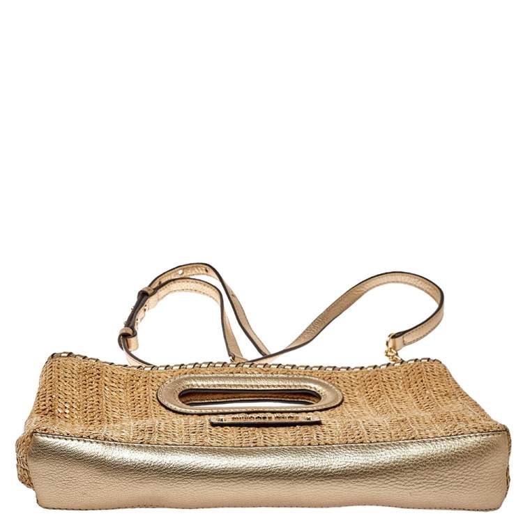 Pre Owned MICHAEL Michael Kors Beige/Gold Raffia and Leather Rosalie Clutch Bag