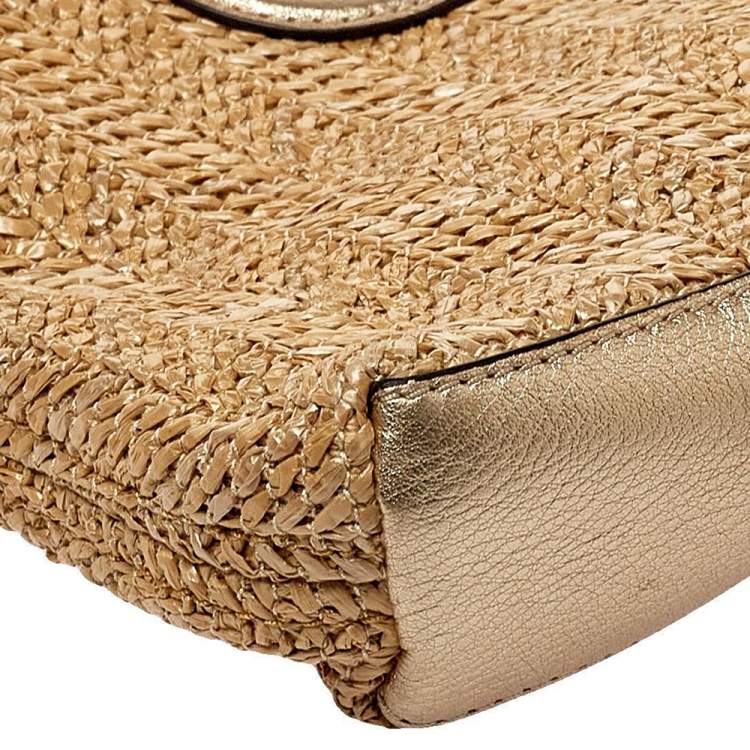 Pre Owned MICHAEL Michael Kors Beige/Gold Raffia and Leather Rosalie Clutch Bag