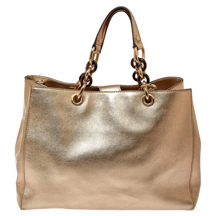 Pre Owned MICHAEL Michael Kors Gold Saffiano Leather Large Cynthia Tote