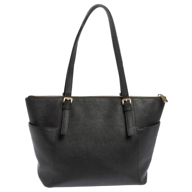 Pre Owned MICHAEL Michael Kors Black Leather Medium Jet Set Top Zip Tote