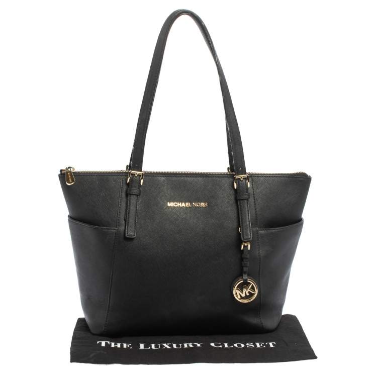 Pre Owned MICHAEL Michael Kors Black Leather Medium Jet Set Top Zip Tote