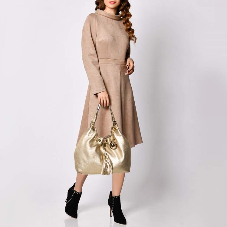 Pre Owned MICHAEL Michael Kors Gold Leather Camden Drawstring Hobo