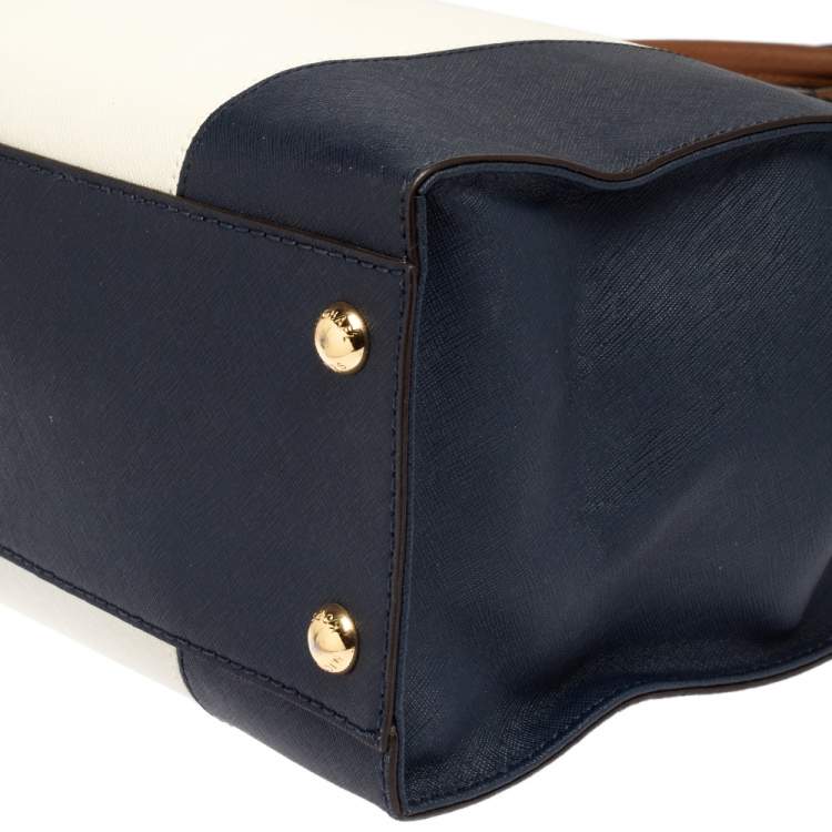 Pre Owned MICHAEL Michael Kors Blue/White Leather Large Hamilton North South Tote