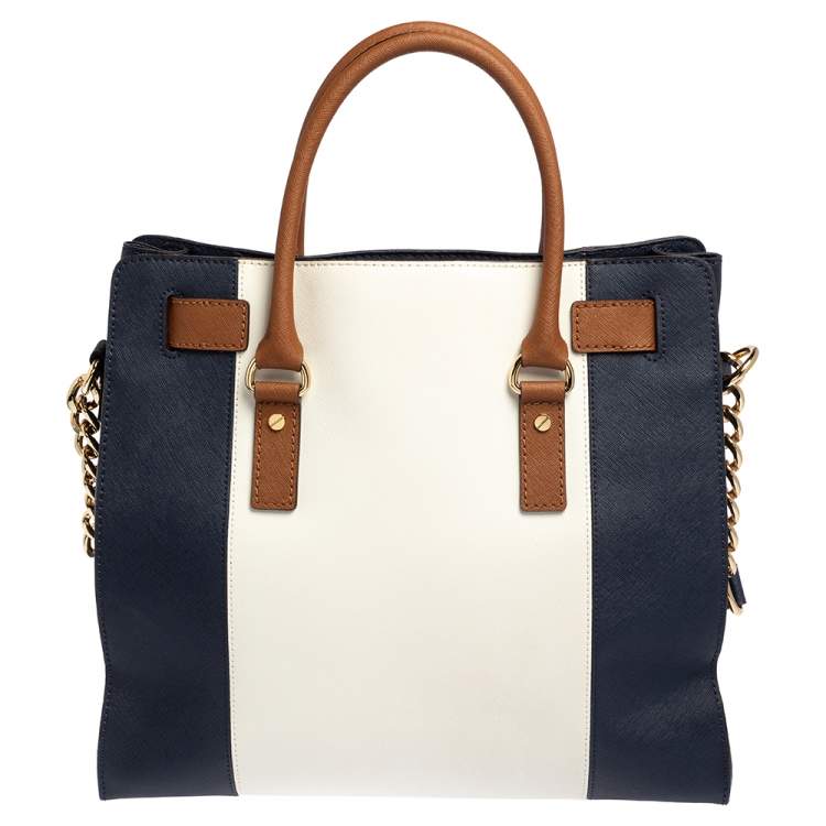 Pre Owned MICHAEL Michael Kors Blue/White Leather Large Hamilton North South Tote