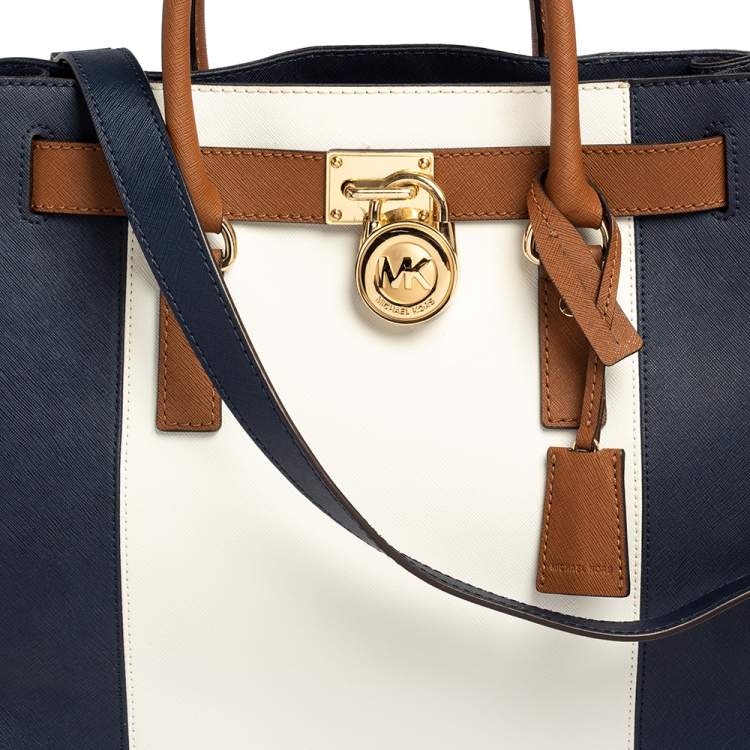 Pre Owned MICHAEL Michael Kors Blue/White Leather Large Hamilton North South Tote